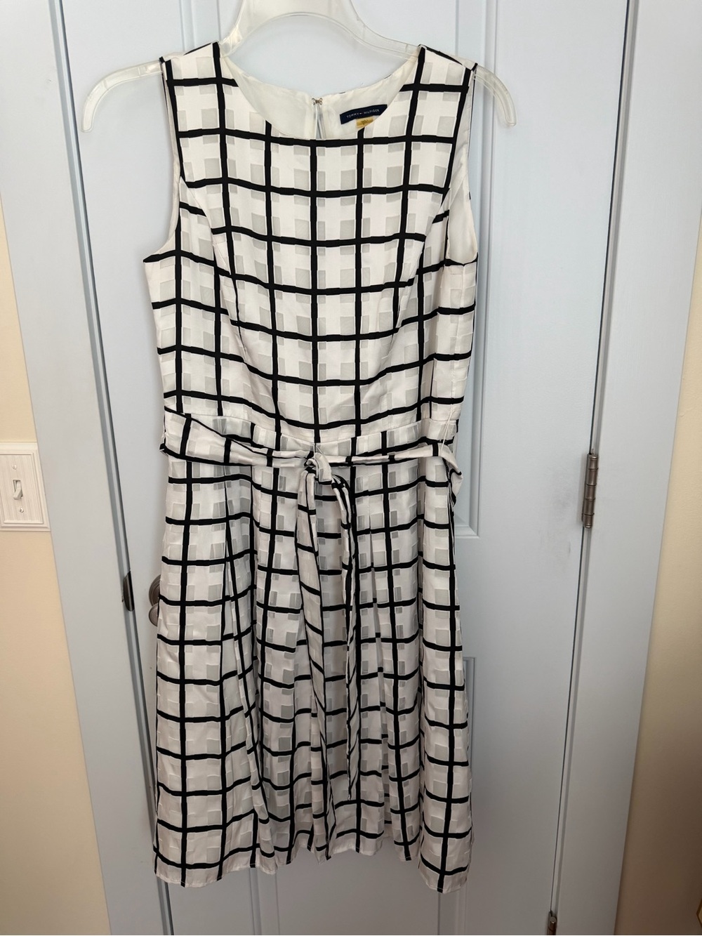 Tommy Hilfiger Black and White Windowpane Belted Midi Dress